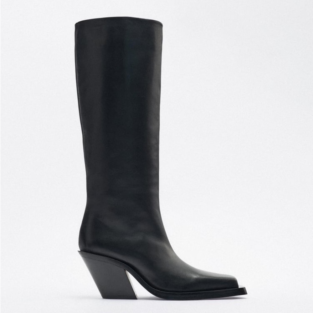 Kaia x Zara Black Knee High Leather Cowboy Boots